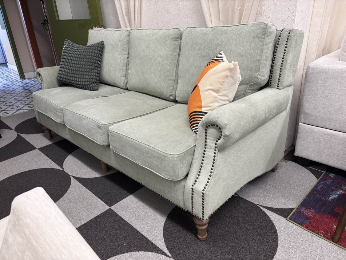 Stone Grey Nailhead Trimmed Sofa - Reclaimed Elegance