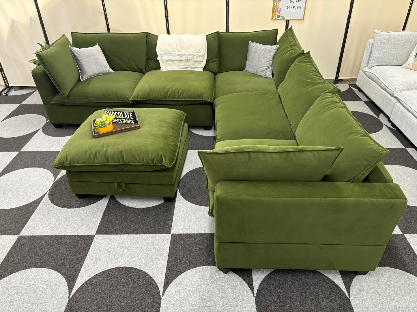 Olive Green Velvet SKY 2.0 Modular Corner Sectional + Ottoman