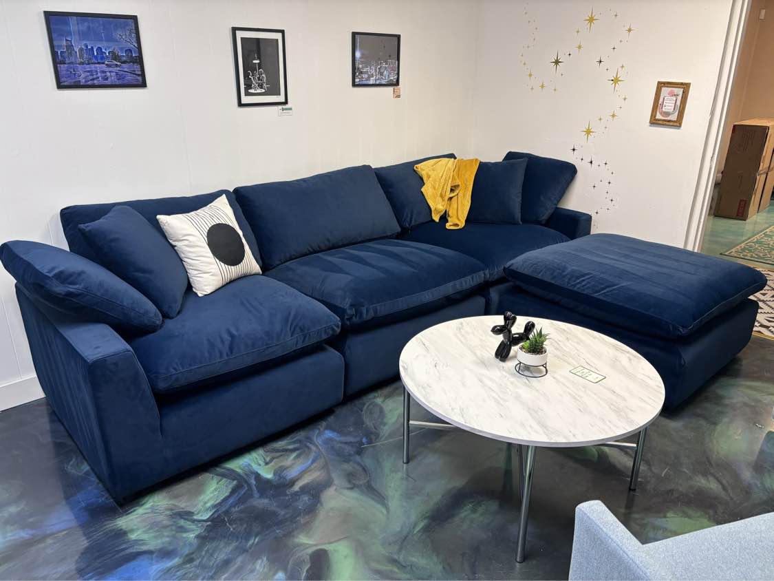 Midnight Blue Velvet Luna Modular Sofa + Ottoman