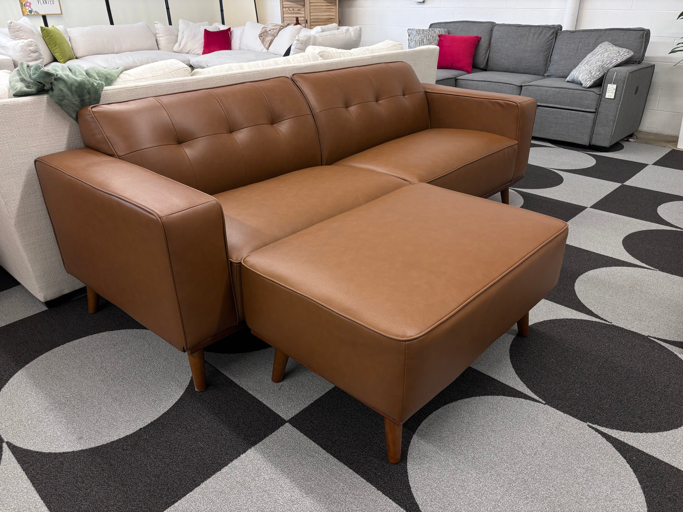 Whiskey Brown Vegan Leather Destiny Sofa + Ottoman - Reclaimed Elegance