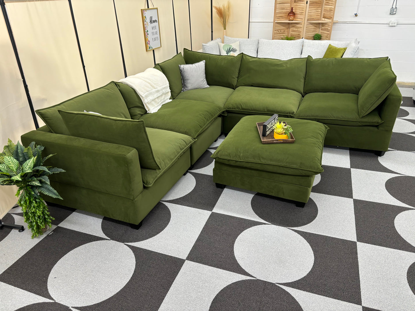Olive Green Velvet SKY 2.0 Modular Corner Sectional + Ottoman