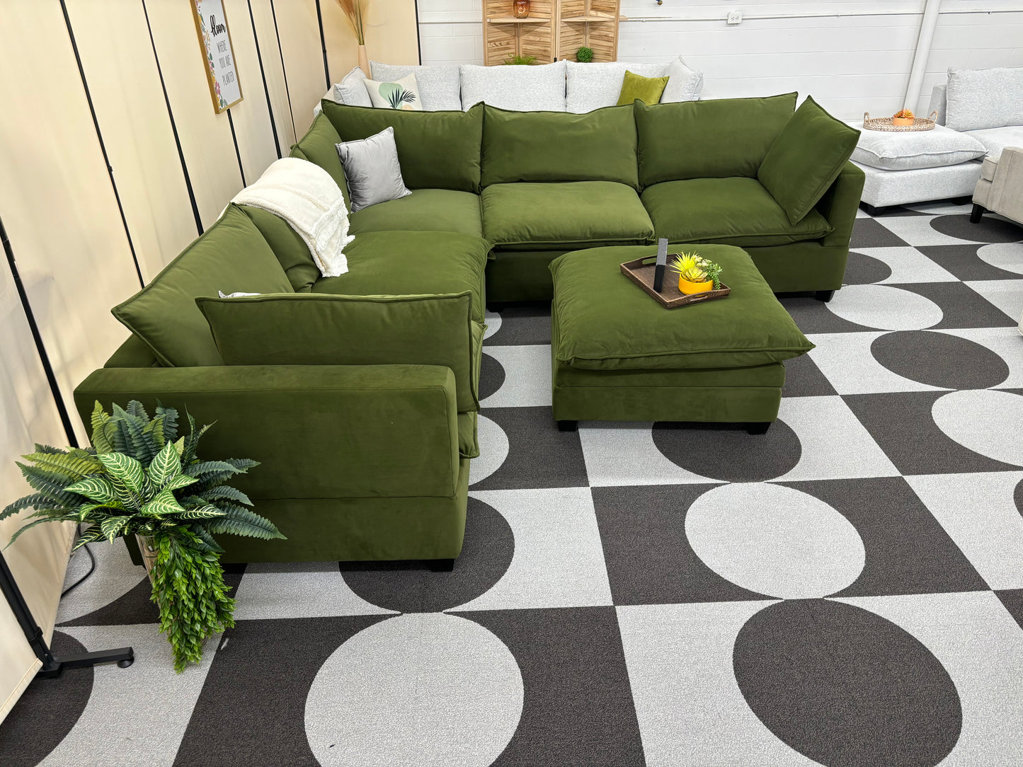 Olive Green Velvet SKY 2.0 Modular Corner Sectional + Ottoman