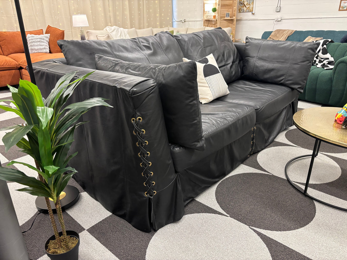 Black Leather Henredon Furniture Braided Decal Sofa