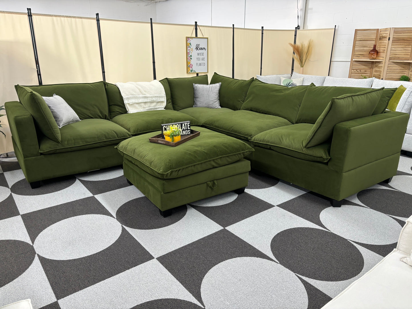 Olive Green Velvet SKY 2.0 Modular Corner Sectional + Ottoman