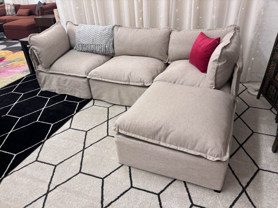 Oat Blended Weave Anabei Slipcovered Modular Sofa + Ottoman - Reclaimed Elegance