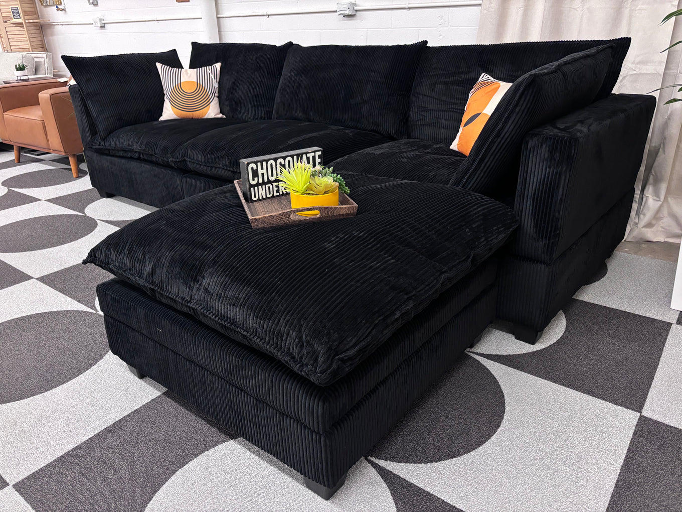 Black Corduroy SKY 2.0 Modular Sofa + Storage Ottoman - Reclaimed Elegance