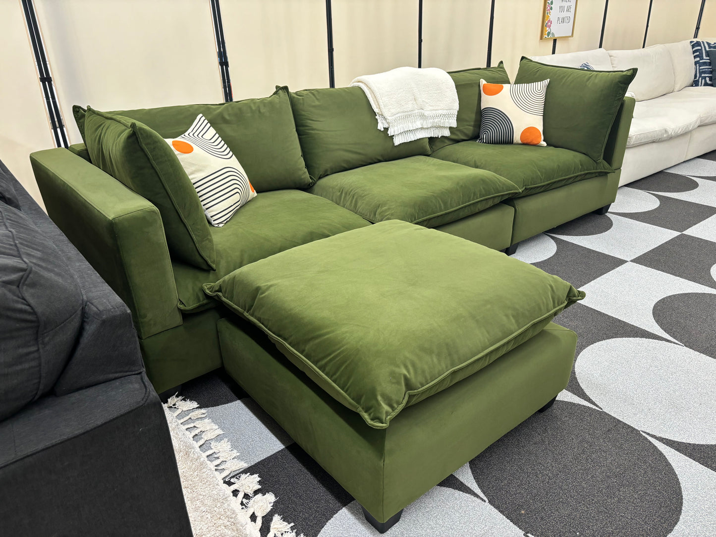 Olive Green Velvet SKY Modular Sofa + Ottoman
