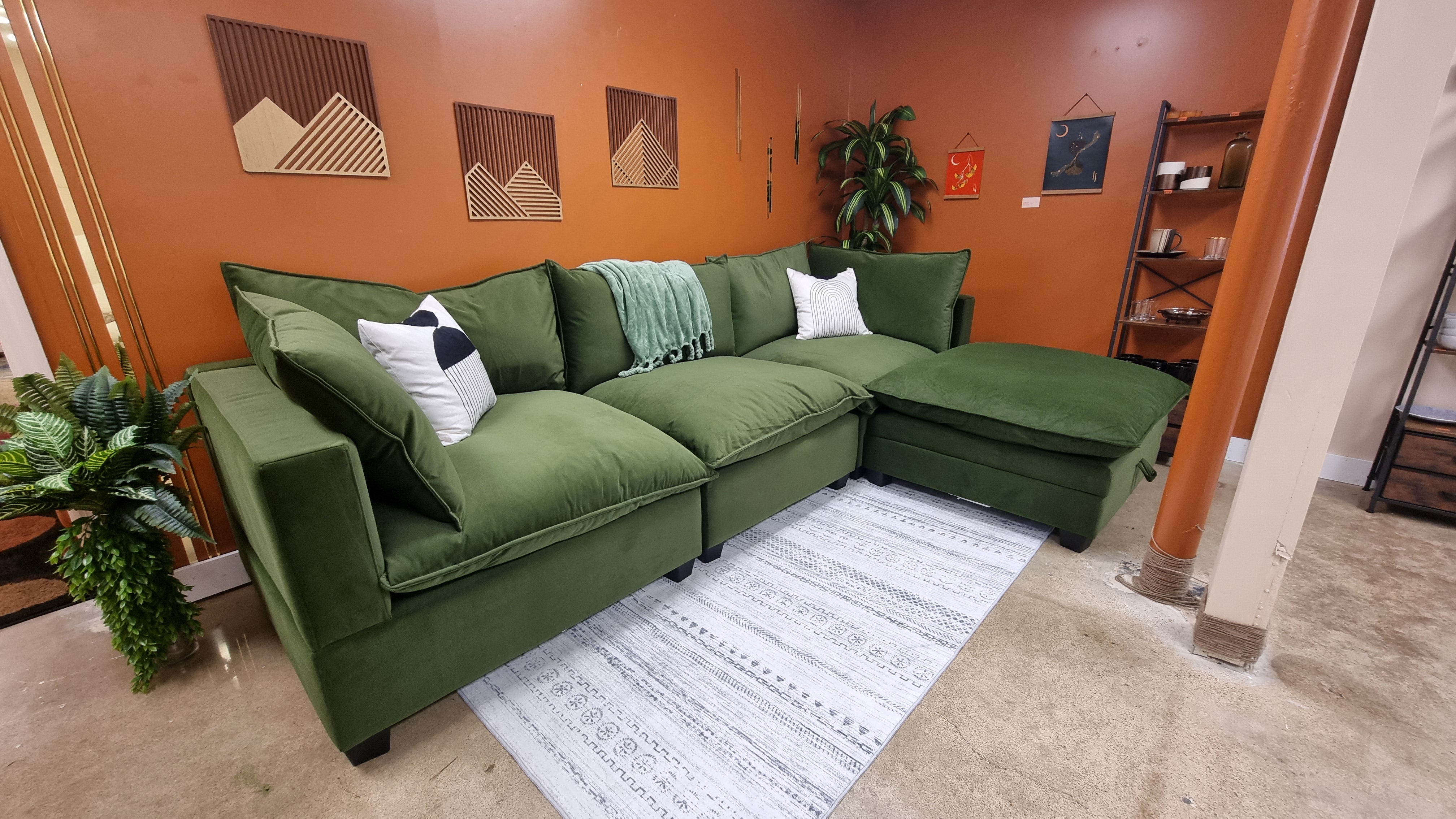 Olive Green Velvet SKY 2.0 Modular Sofa + Storage Ottoman