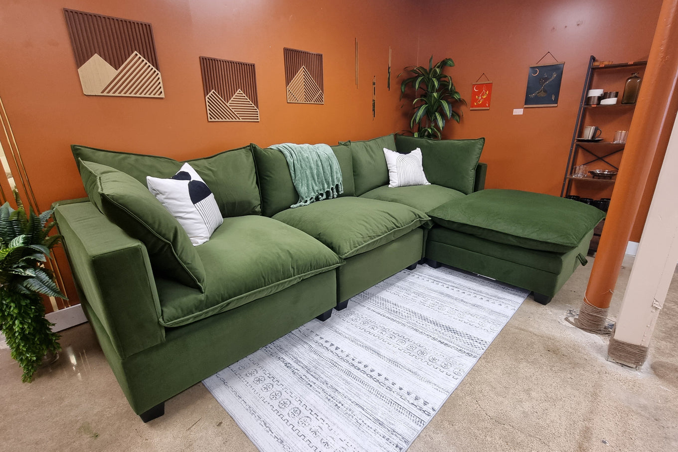 Olive Green Velvet SKY 2.0 Modular Sofa + Storage Ottoman