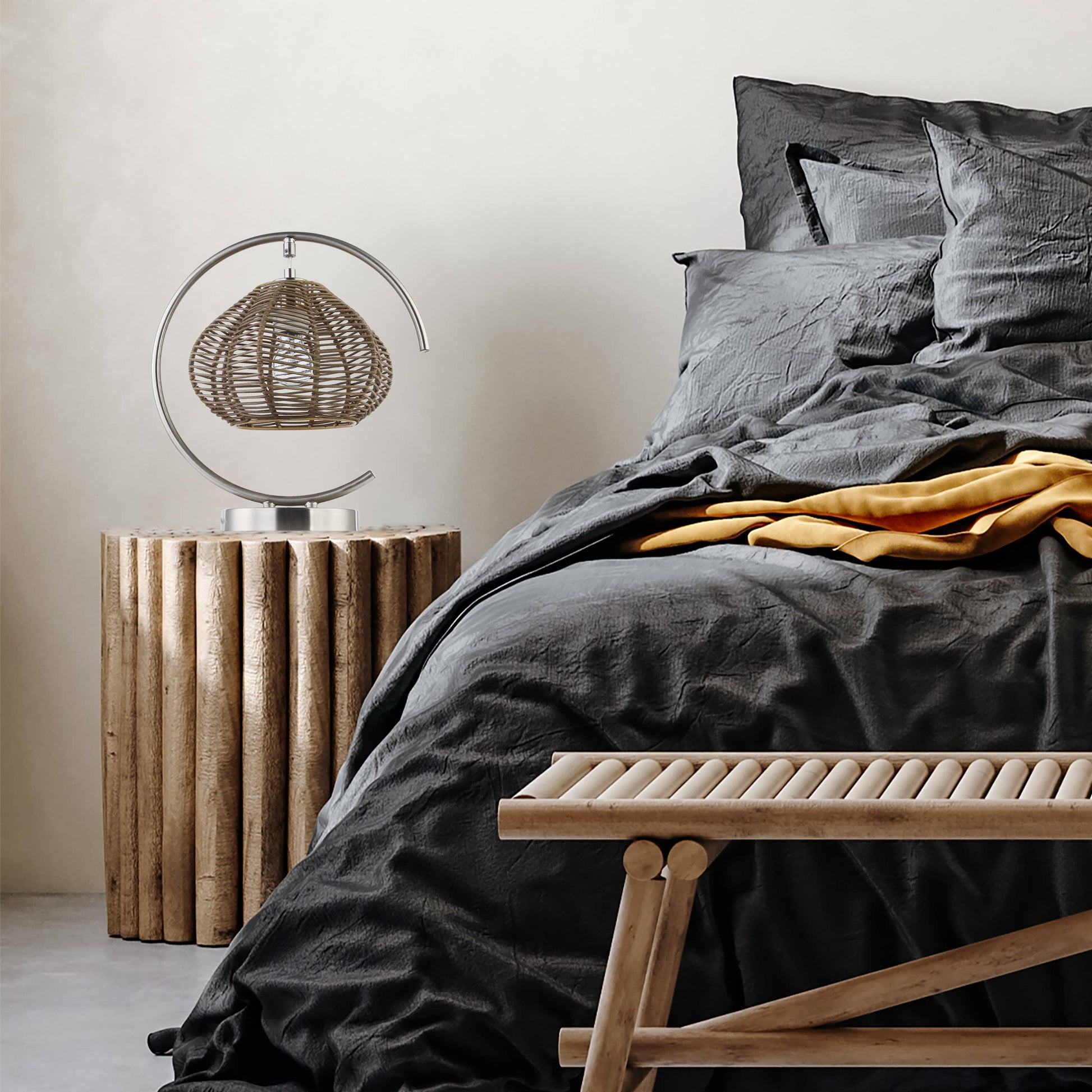 Brushed Nickel Iron Table Lamp with Tan Rattan Shade - Reclaimed Elegance