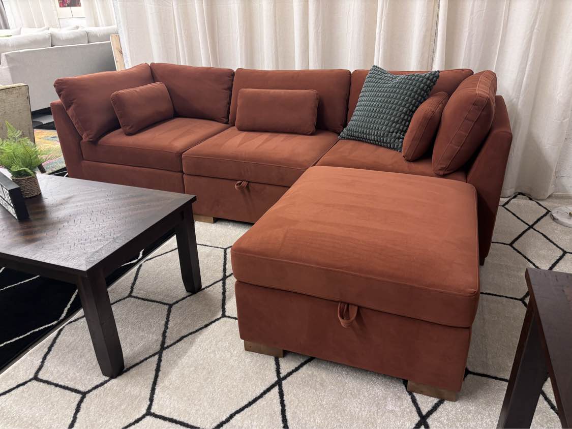 Rust Velvet World Market Montclair Modular Sofa + Storage Ottoman - Reclaimed Elegance
