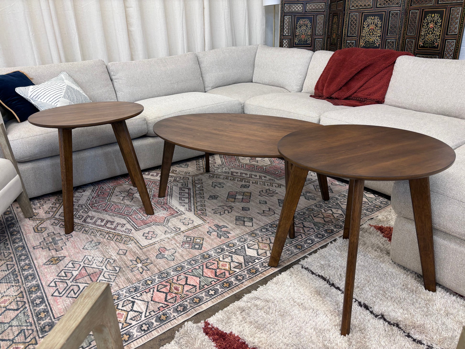 Walnut Theo MCM Round Coffee & End Table Set - Reclaimed Elegance