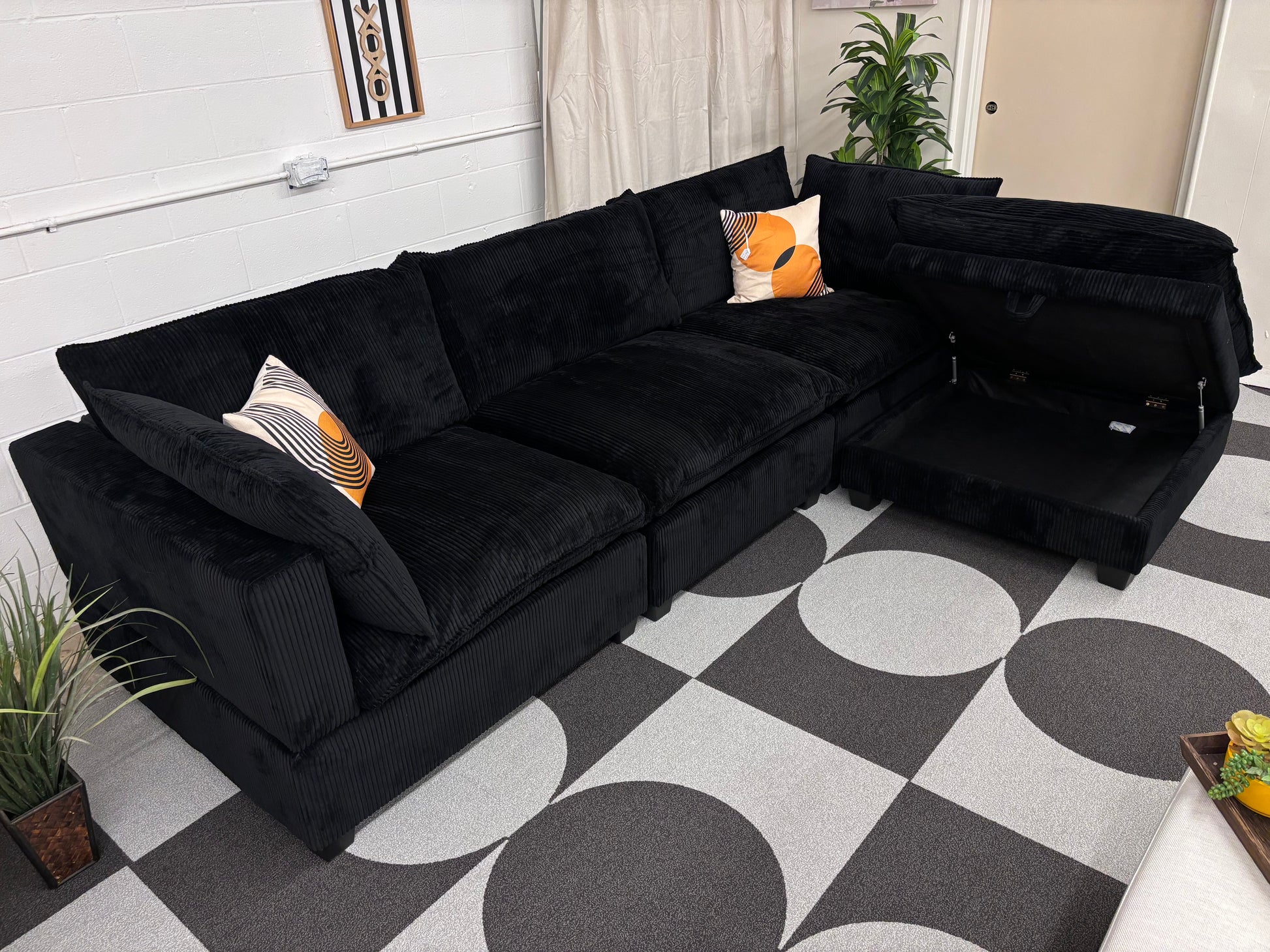 Black Corduroy SKY 2.0 Modular Sofa + Storage Ottoman - Reclaimed Elegance