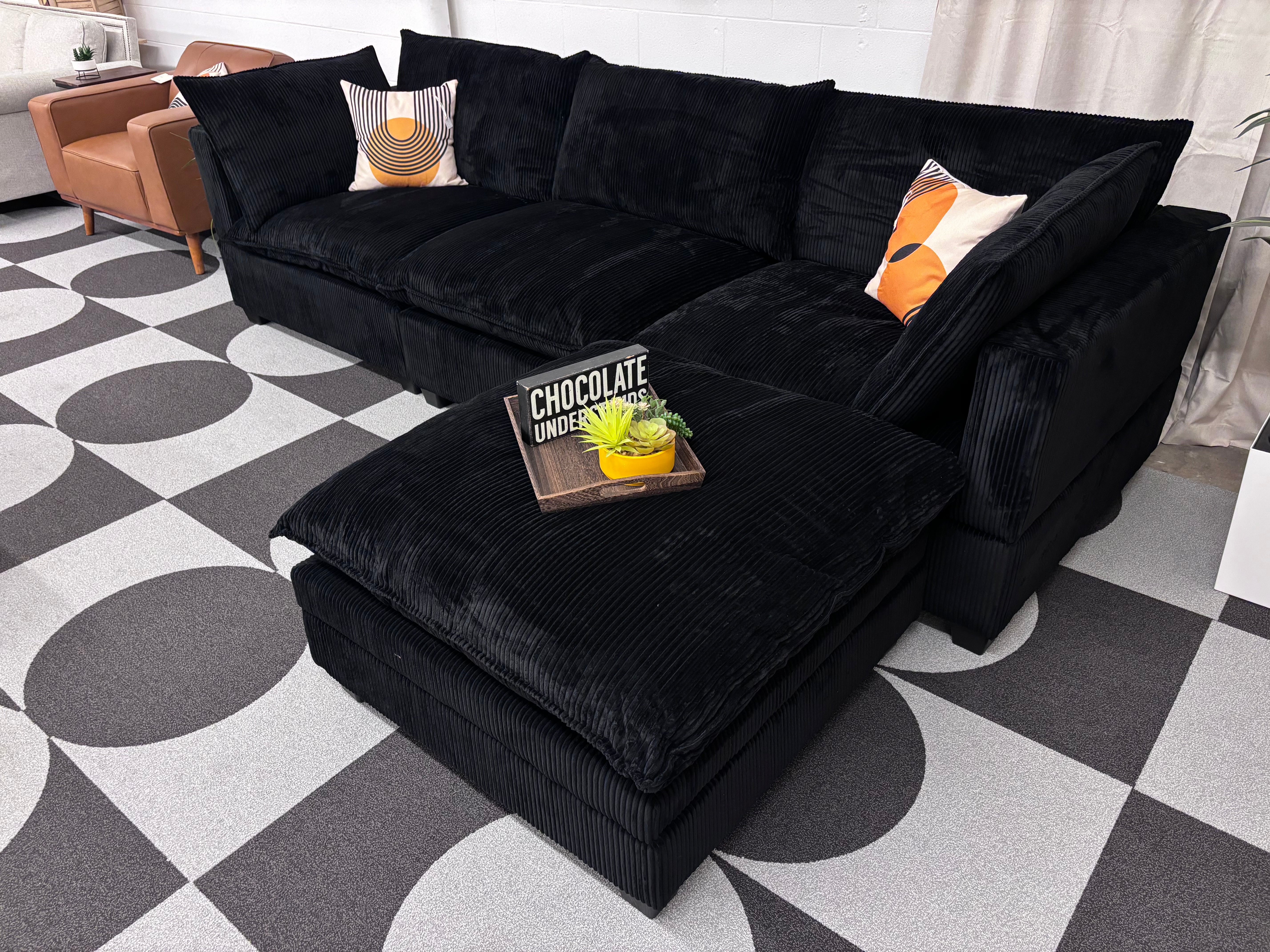 Black Corduroy SKY 2.0 Modular Sofa + Storage Ottoman - Reclaimed Elegance