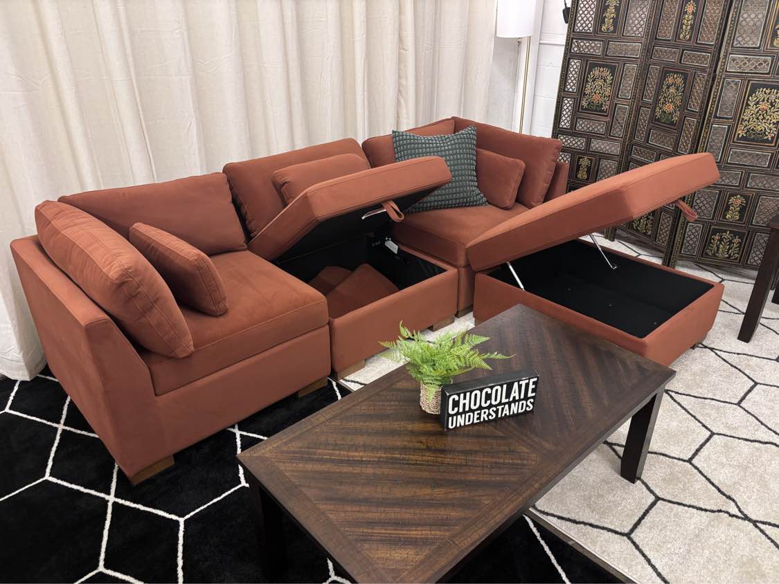 Rust Velvet World Market Montclair Modular Sofa + Storage Ottoman - Reclaimed Elegance