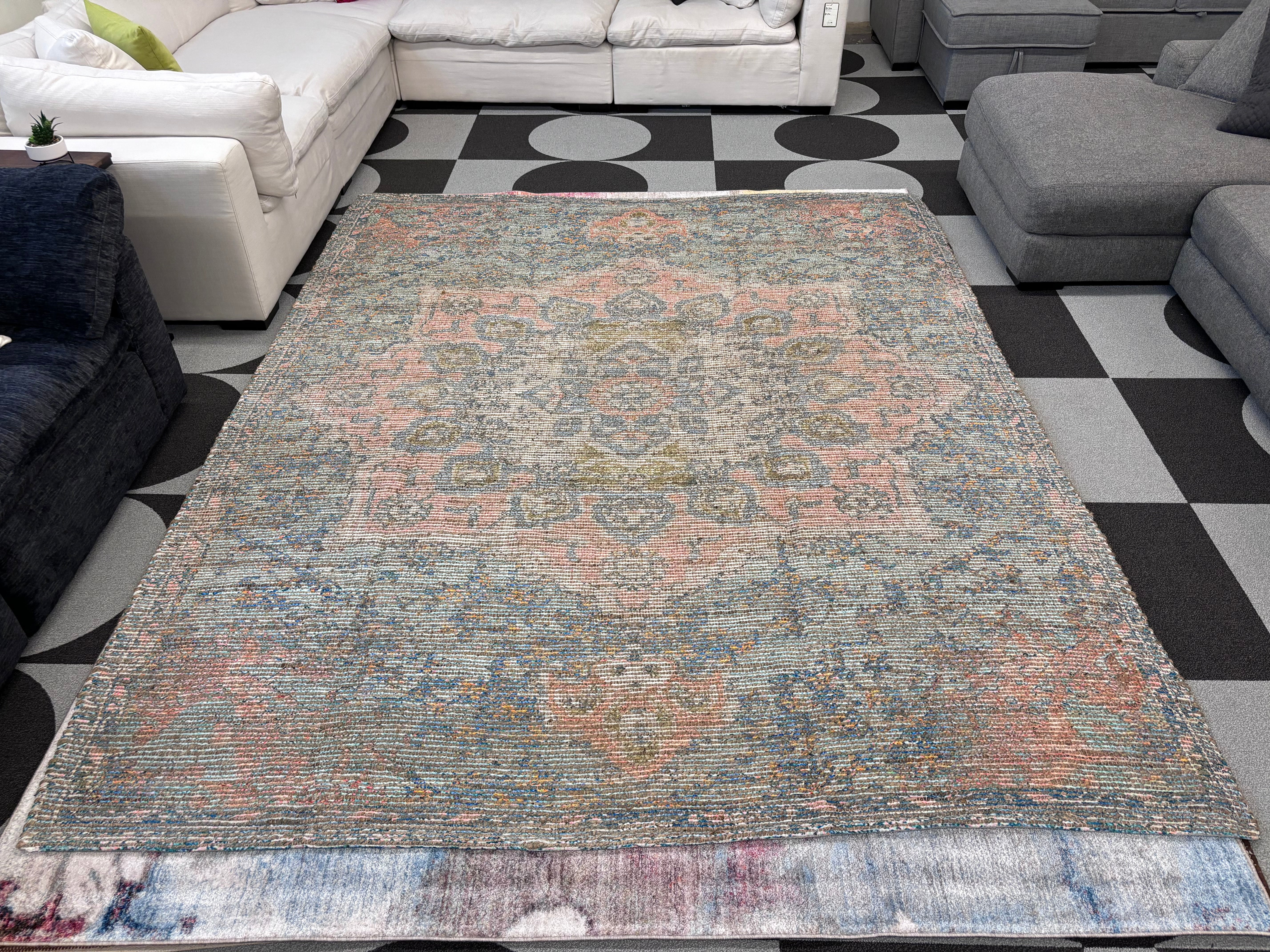 Blue and Peach 7' 10 x 10' Chenille Jute Rectangle Rug - Reclaimed Elegance