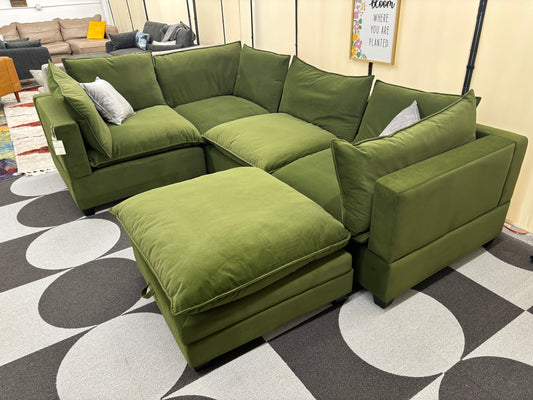 Olive Green Velvet SKY 2.0 Modular Corner L-Shape + Storage Ottoman