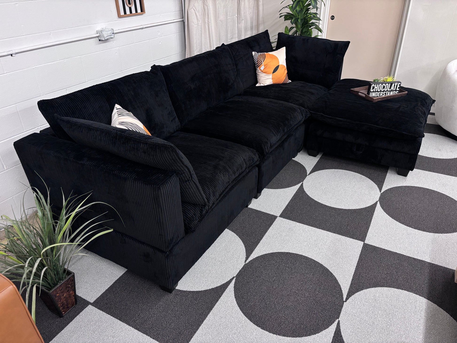 Black Corduroy SKY 2.0 Modular Sofa + Storage Ottoman - Reclaimed Elegance