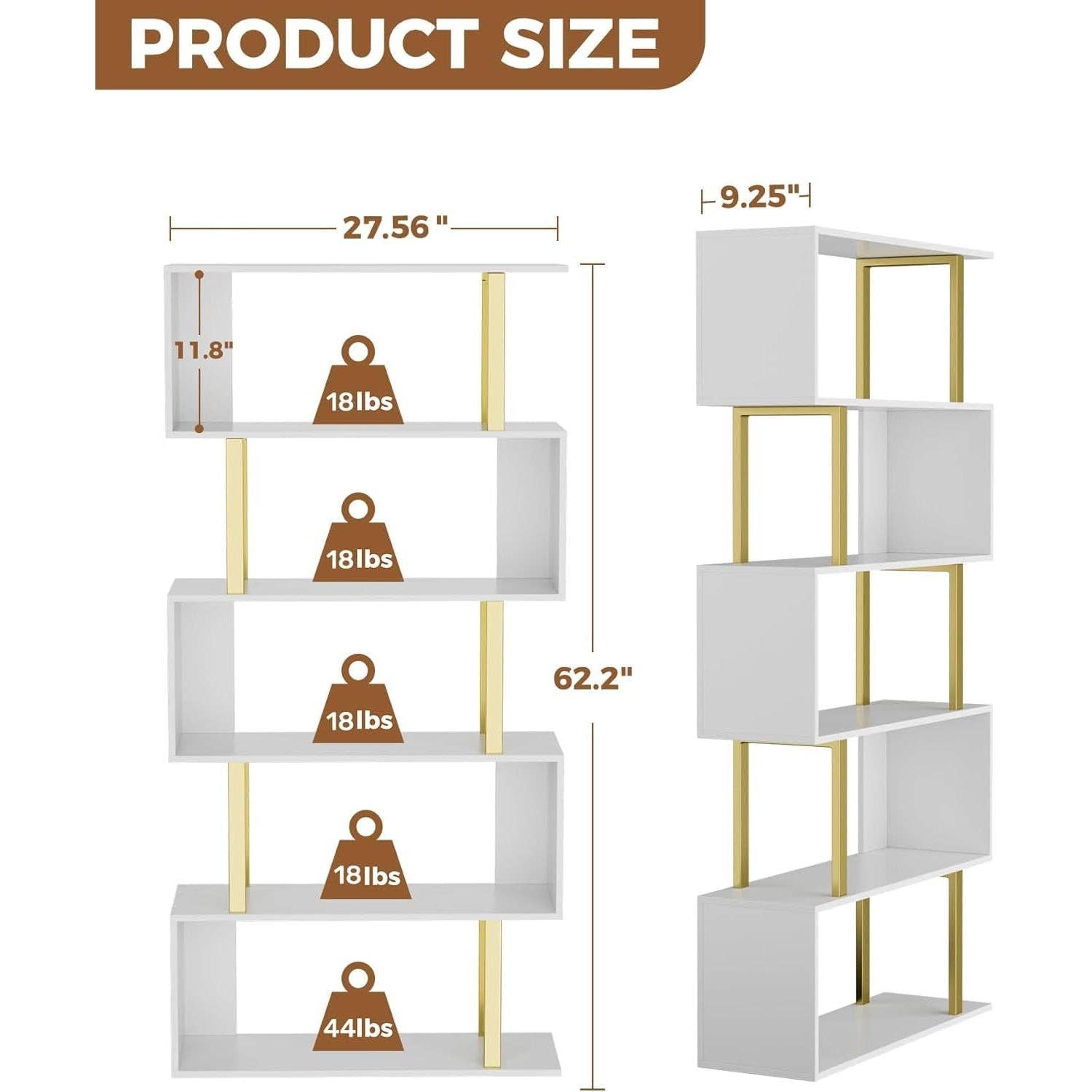 Gold & White 5 Tier S Shaped Bookcase - Reclaimed Elegance