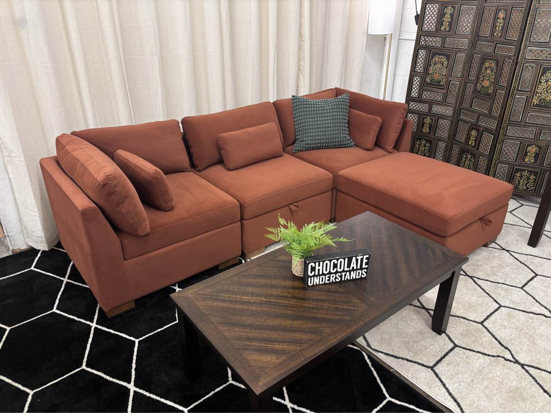 Rust Velvet World Market Montclair Modular Sofa + Storage Ottoman - Reclaimed Elegance