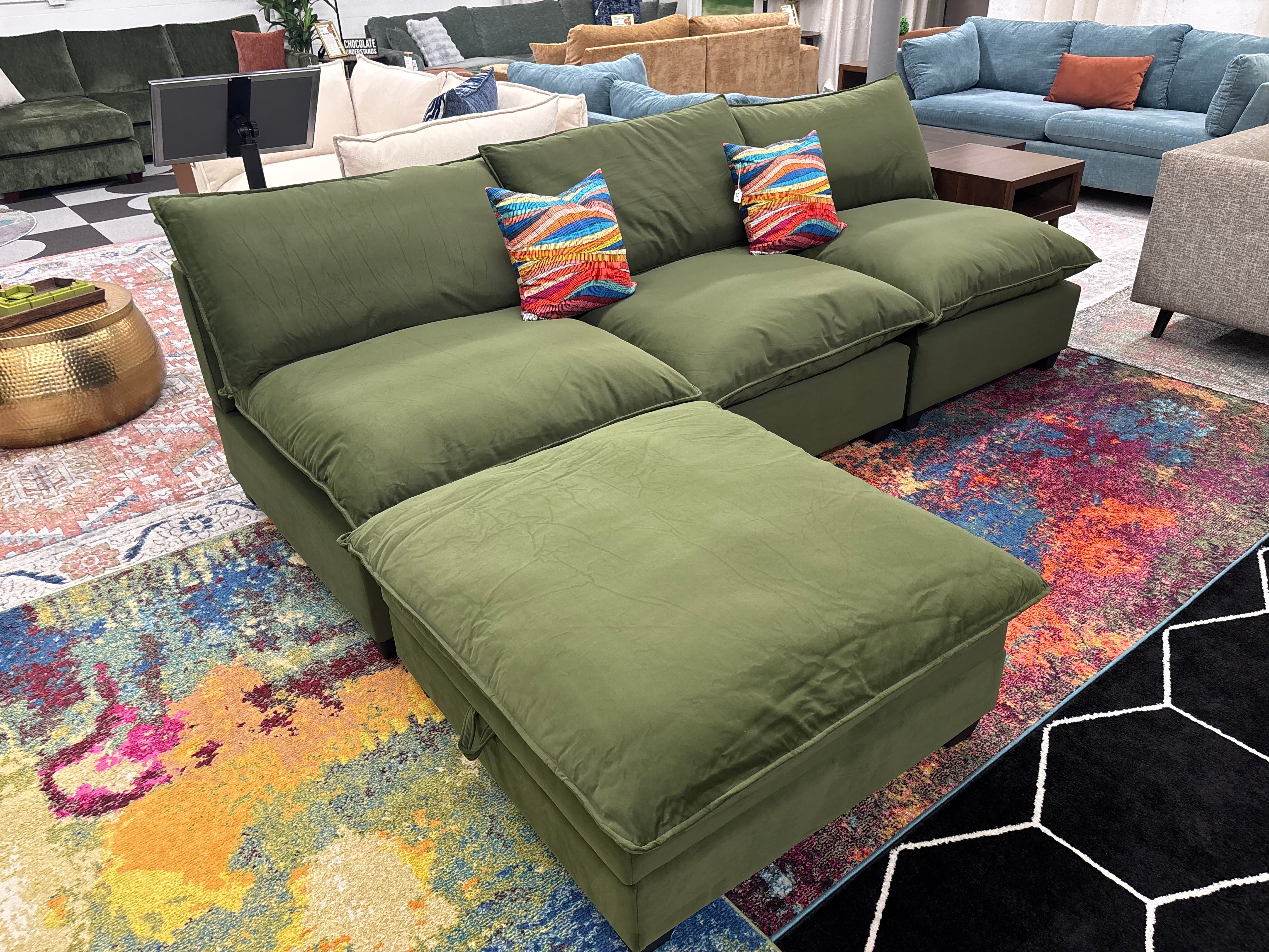 Olive Green Velvet SKY 2.0 3 Seat Armless Sofa + Storage Ottoman