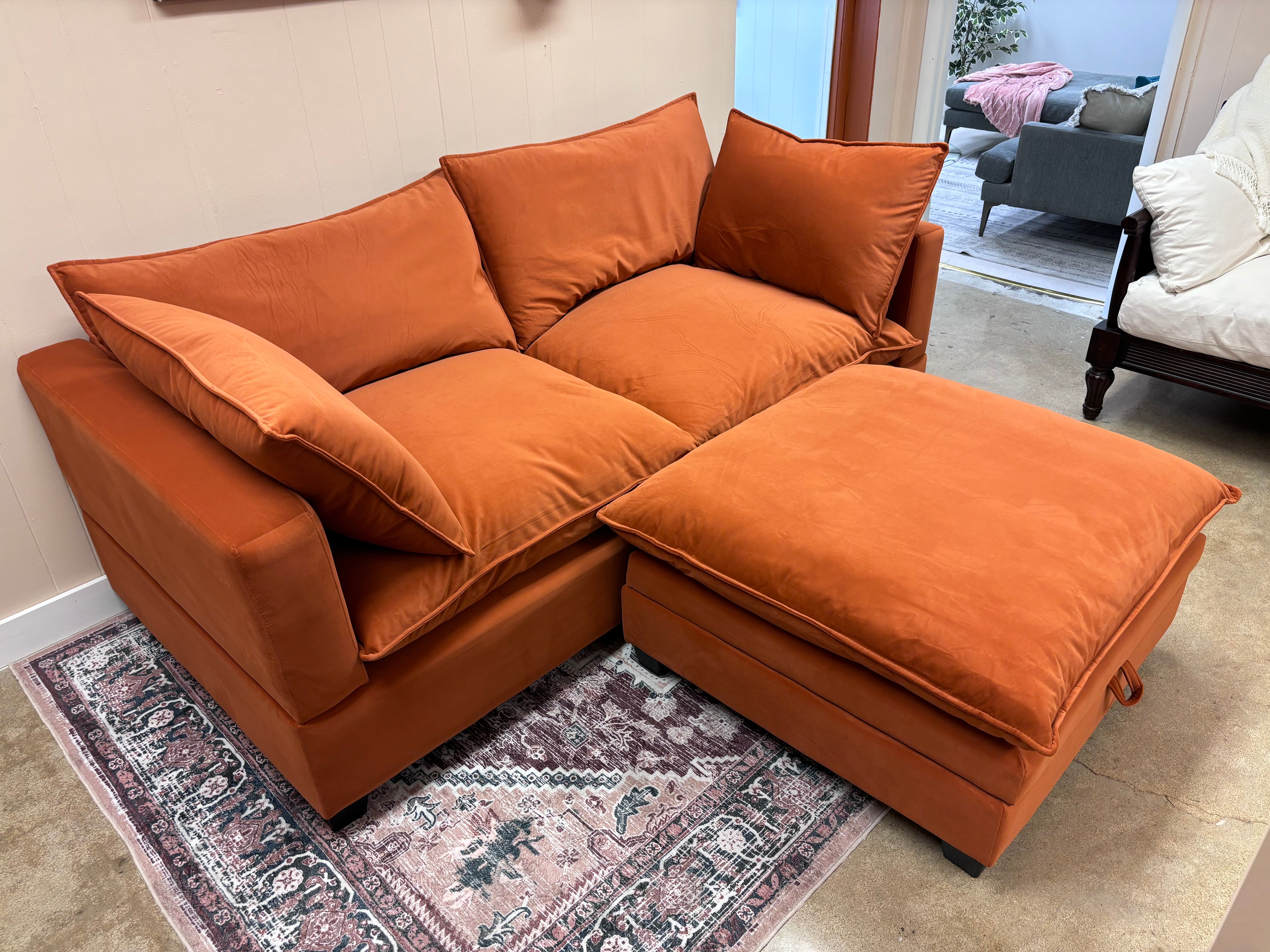 Rust Velvet SKY 2.0 Modular Loveseat + Storage Ottoman