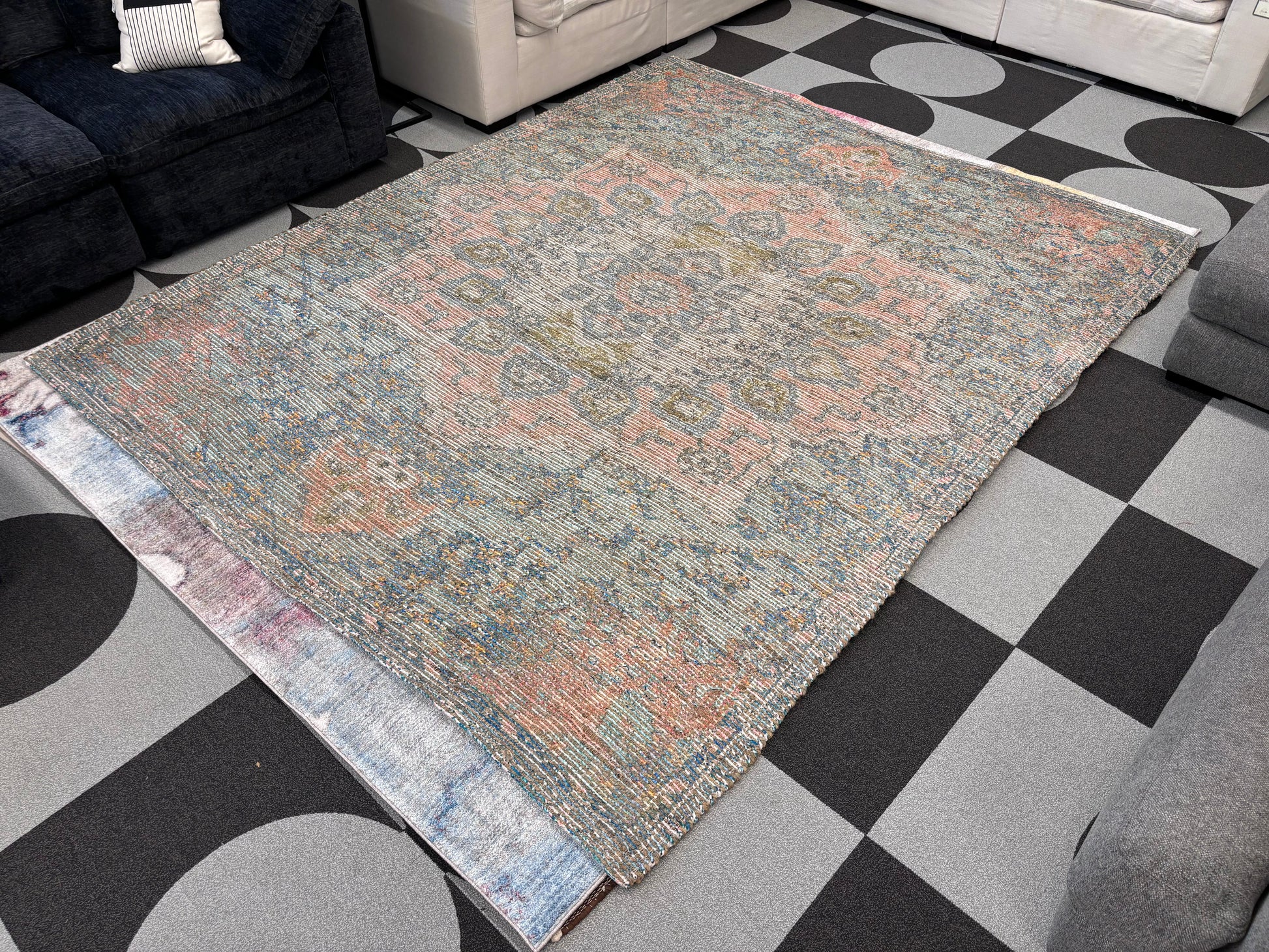 Blue and Peach 7' 10 x 10' Chenille Jute Rectangle Rug - Reclaimed Elegance