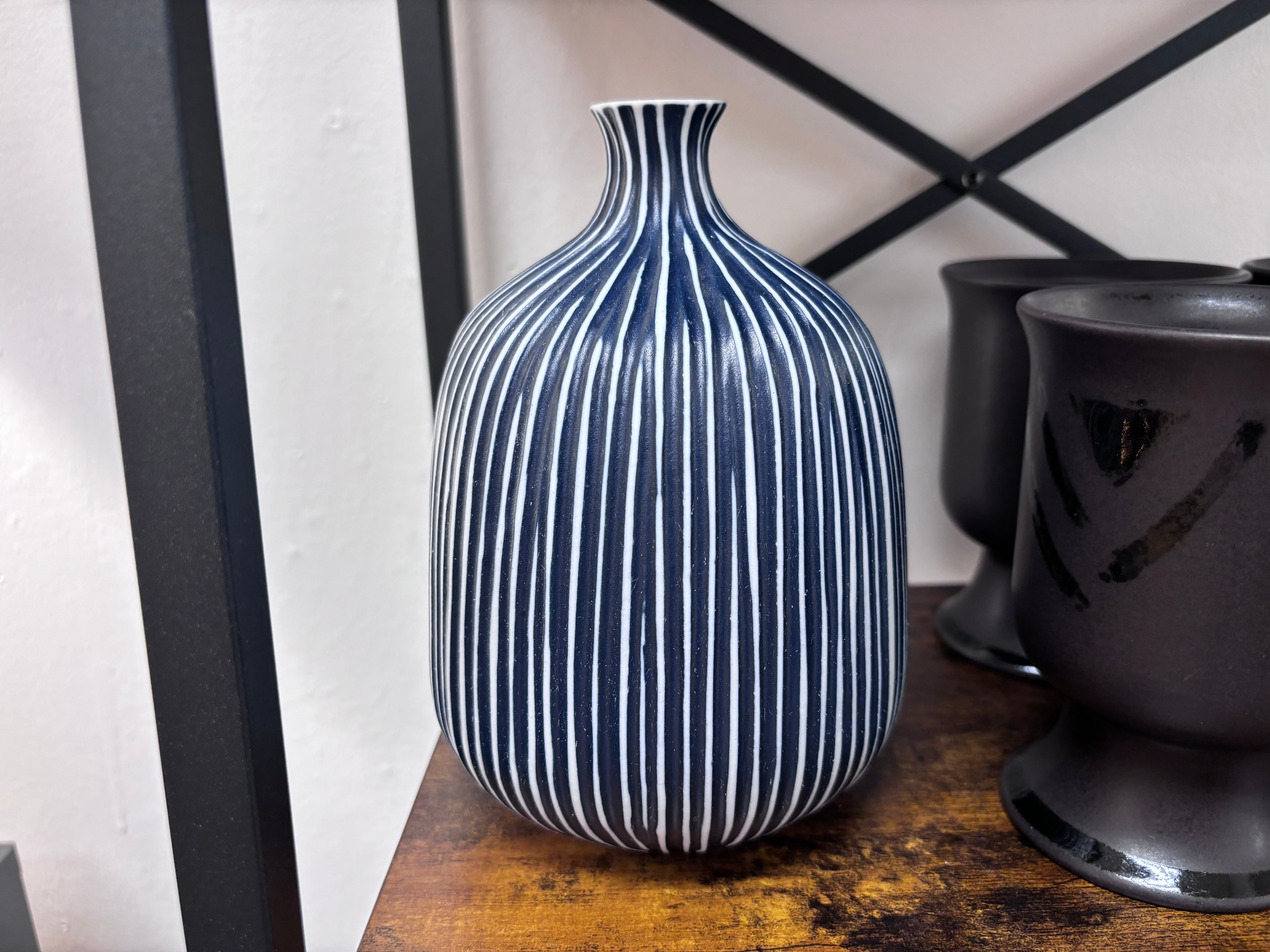 Blue & White Striped Vase - Reclaimed Elegance