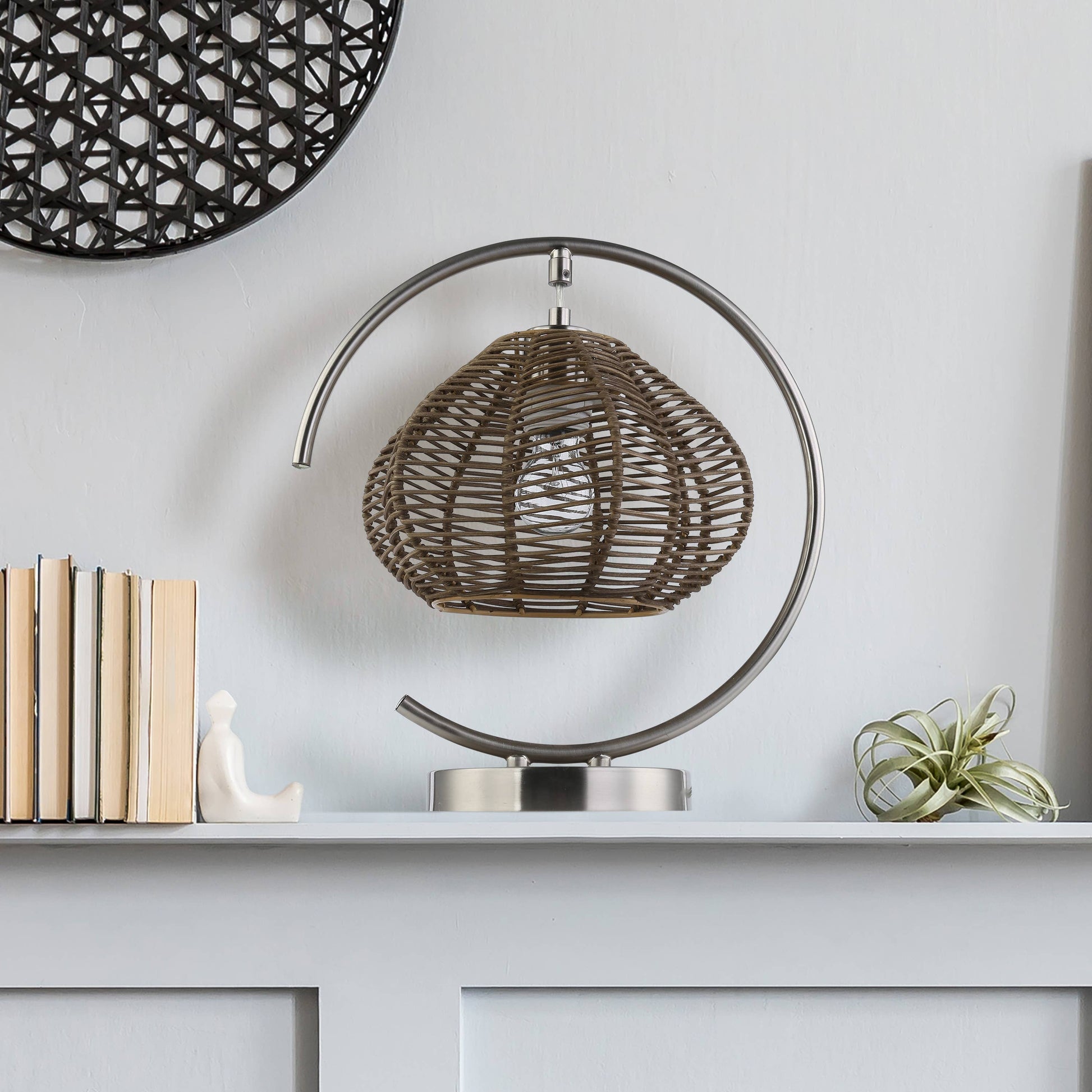 Brushed Nickel Iron Table Lamp with Tan Rattan Shade - Reclaimed Elegance