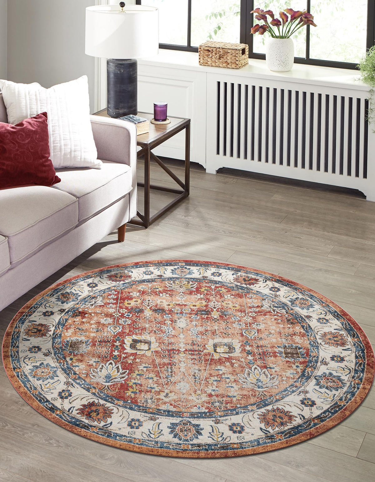 Utopia Antheia Terracotta & Blue Area Rug | Round in room