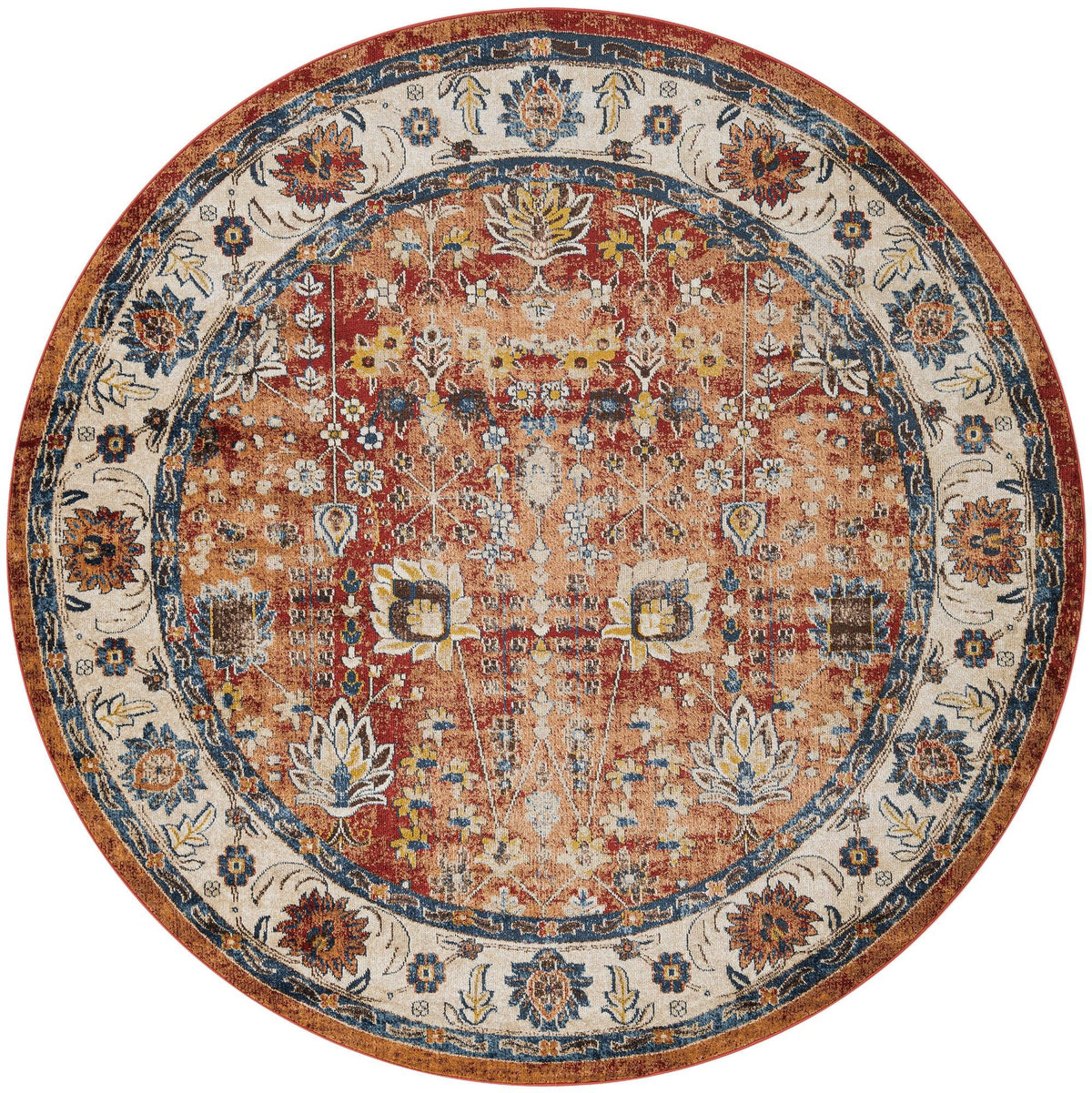 Utopia Antheia Terracotta & Blue Area Rug | Round overhead | SKU 3135302