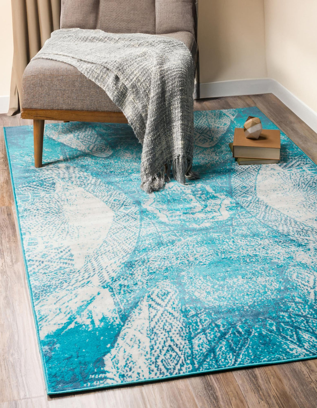 Sofia Albert Turquoise and Ivory area rug, rectangle in a room