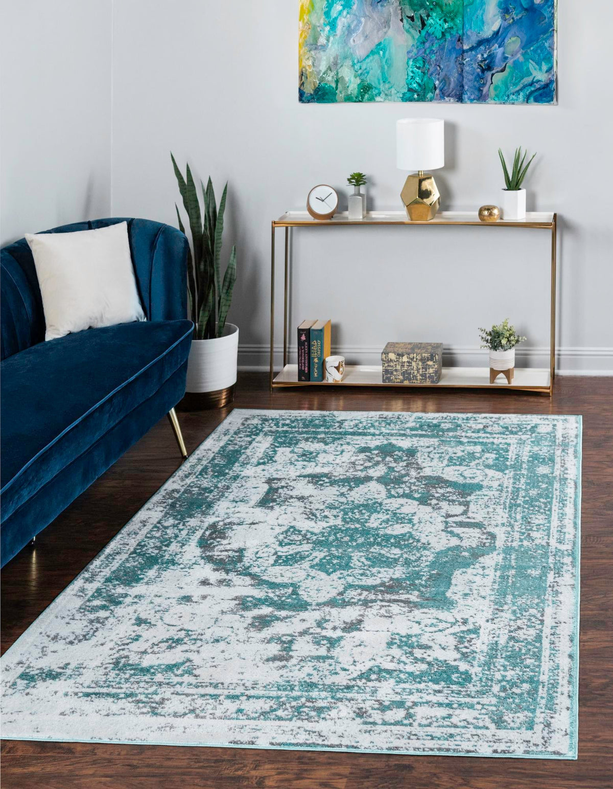 Sofia Salle Garnier Turquoise & Blue Area Rug | Rectangle in room