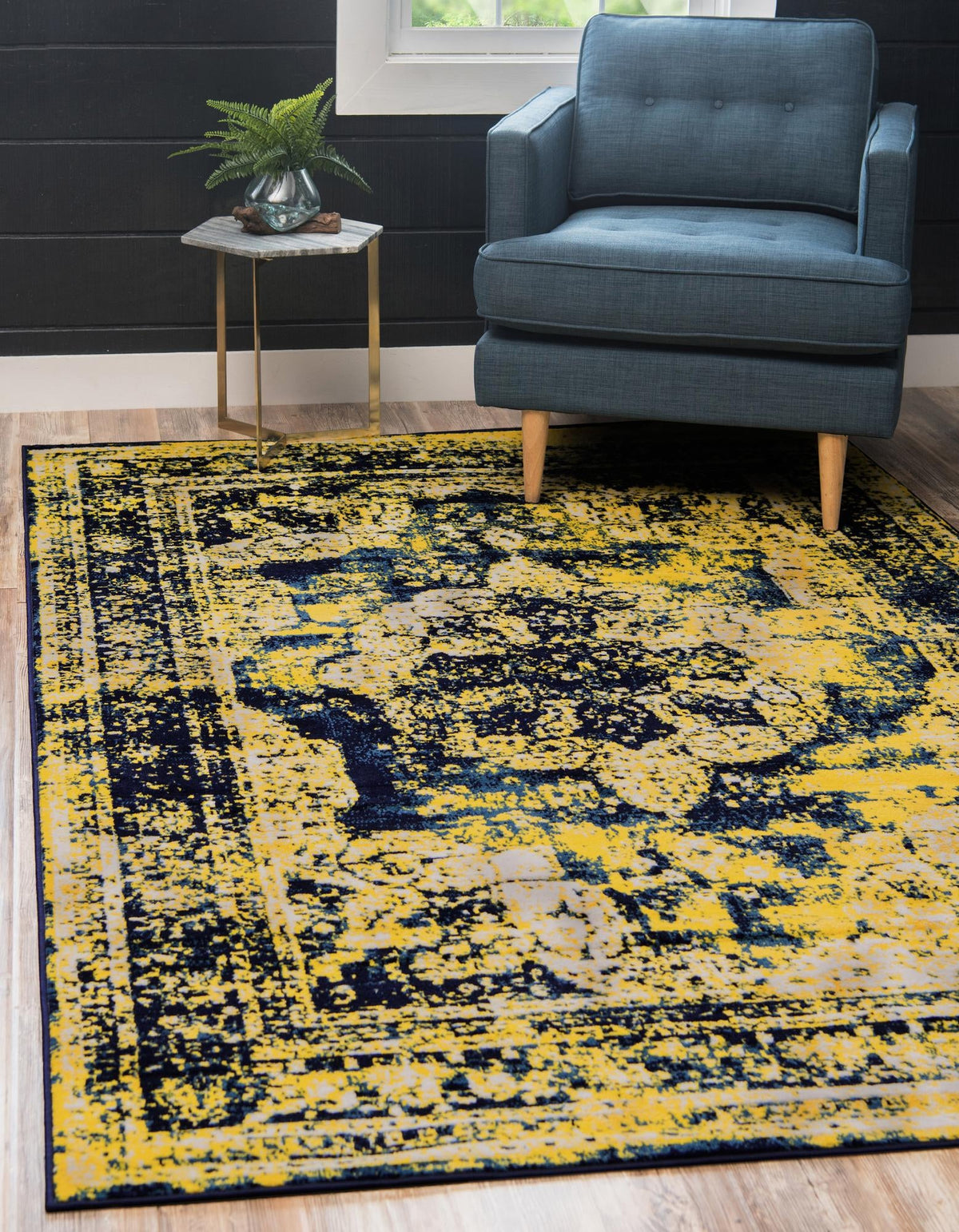 Sofia Salle Garnier Navy Blue & Yellow Area Rug | Rectangle in room