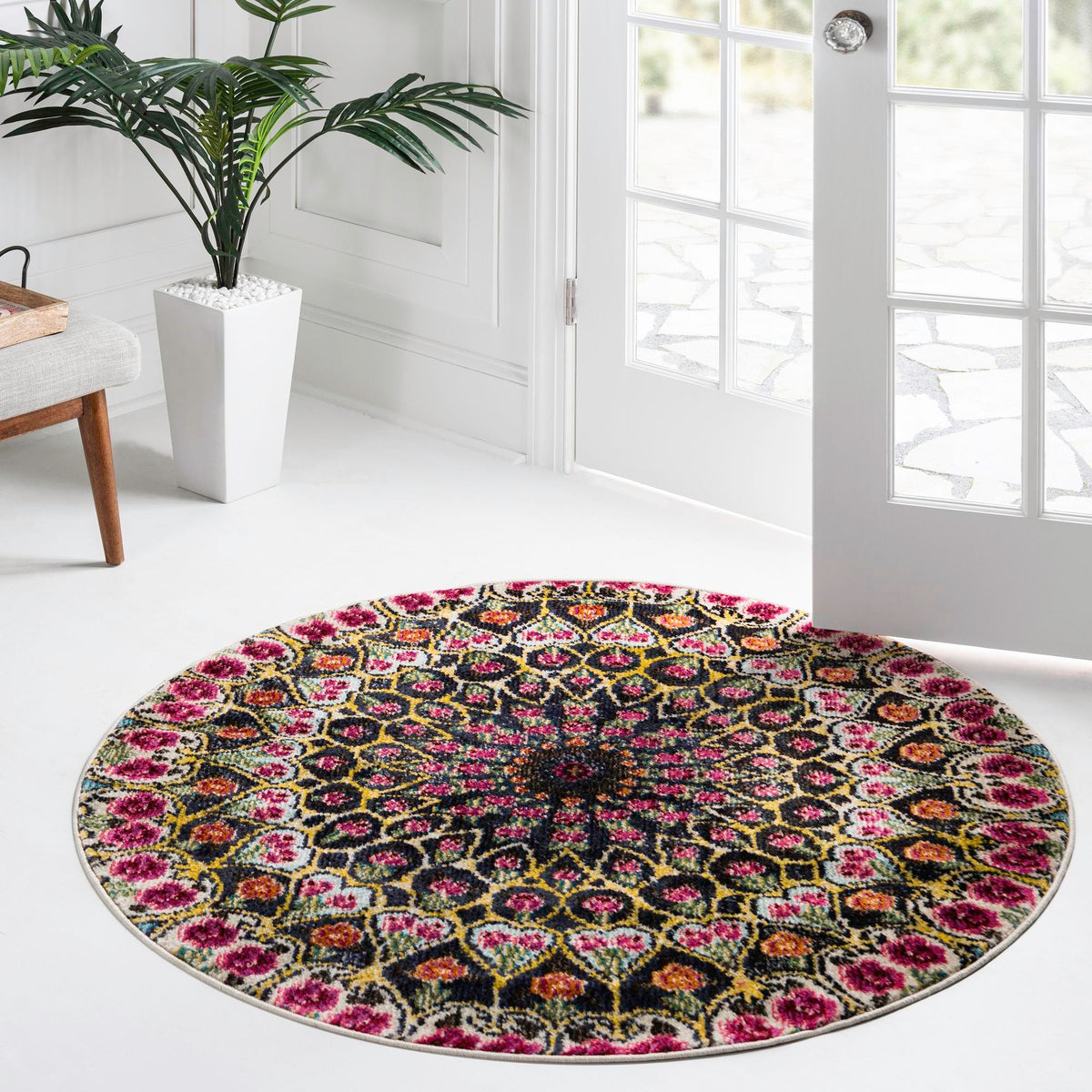 Vita O' Keefe Multi & Blue Area Rug | Round in room