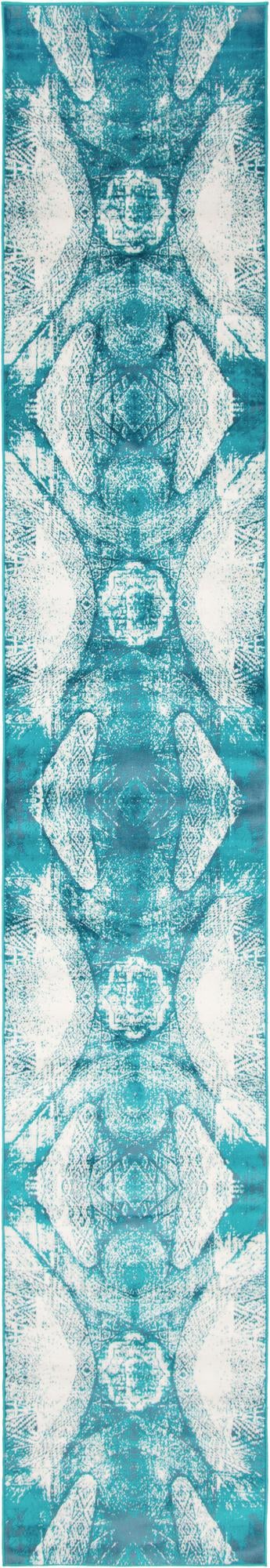 Sofia Albert Turquoise and Ivory area rug, extra-long 19 foot runner overhead view