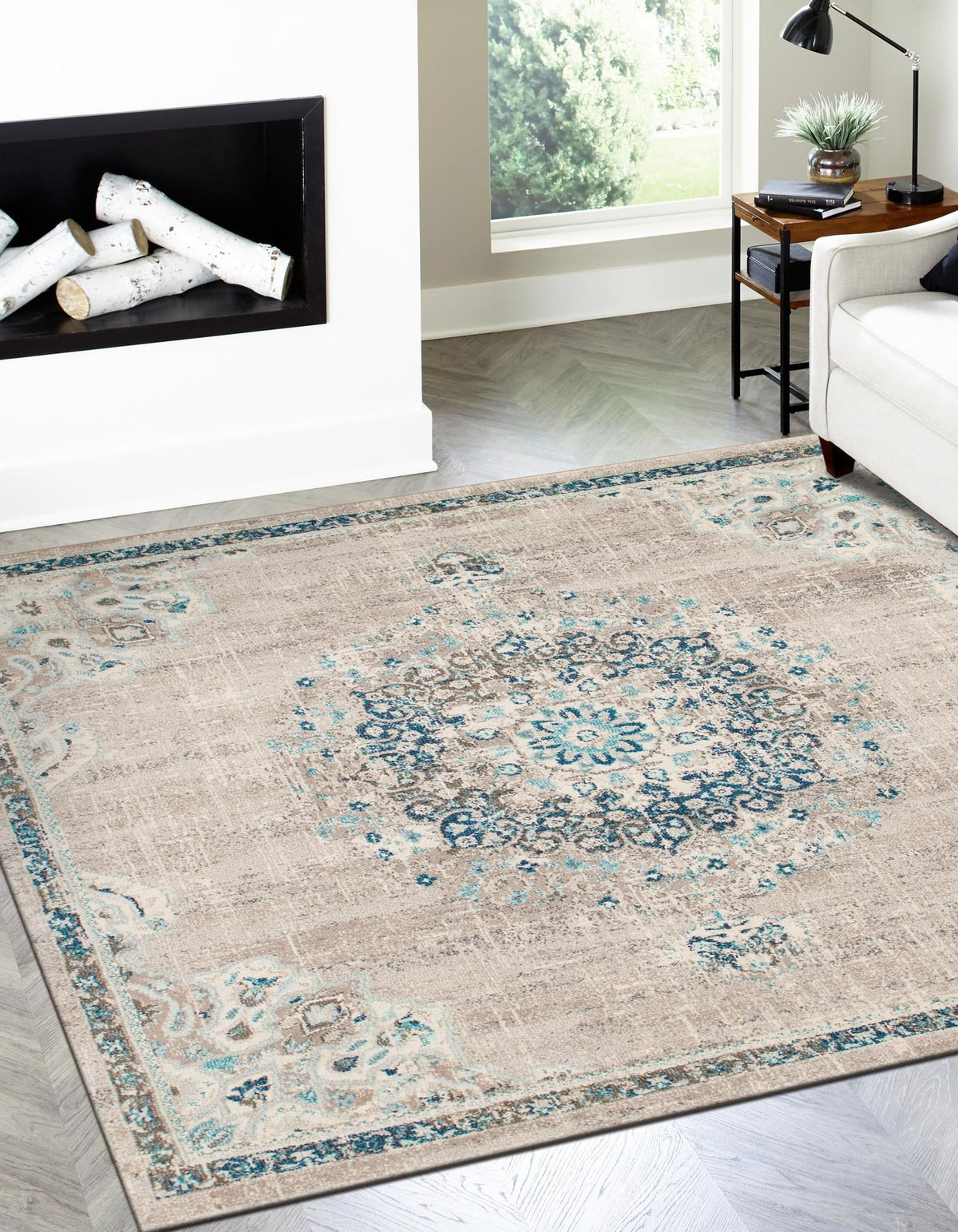 Penrose Alexis Gray & Beige Area Rug | Square in room