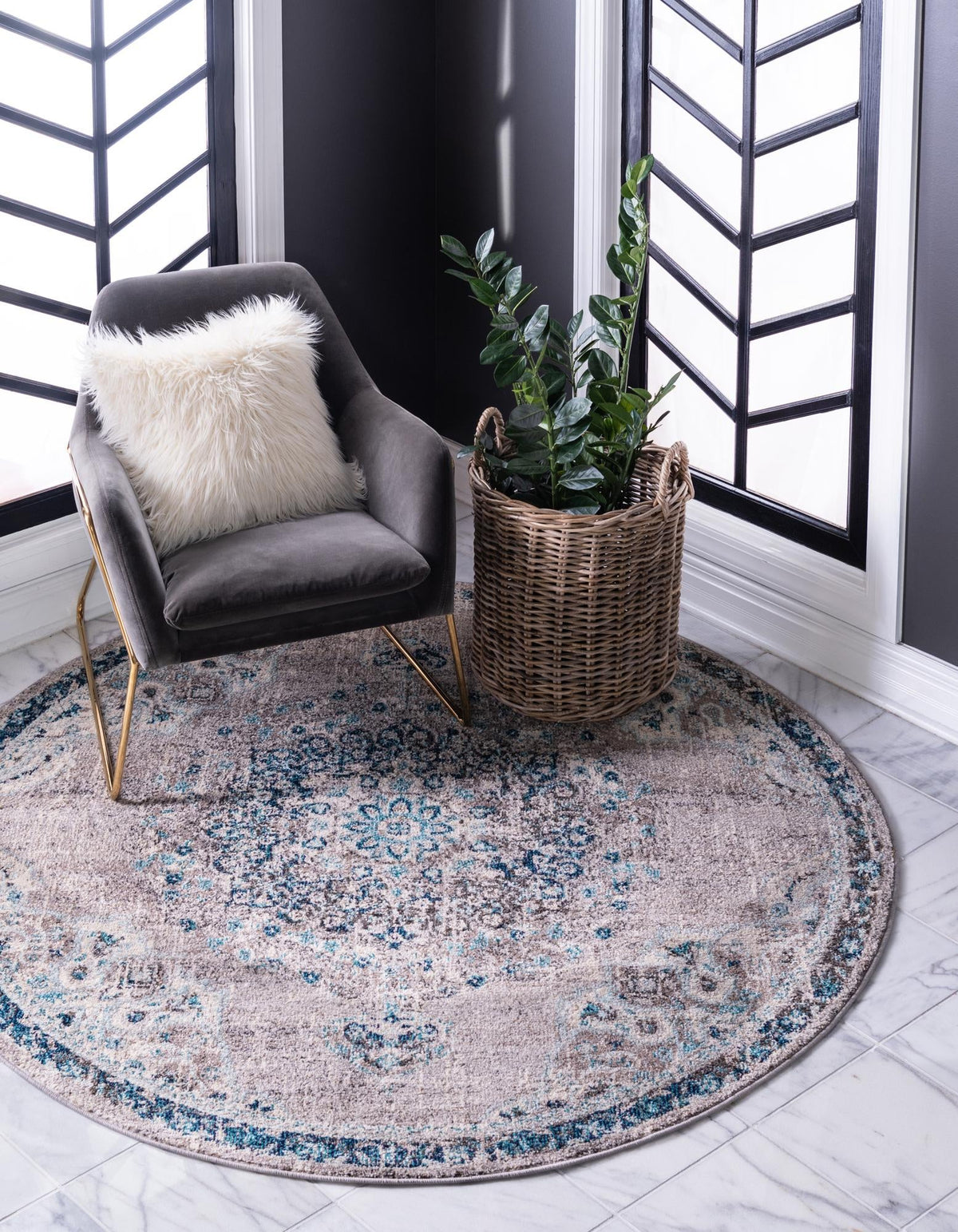 Penrose Alexis Gray & Beige Area Rug | Round in room