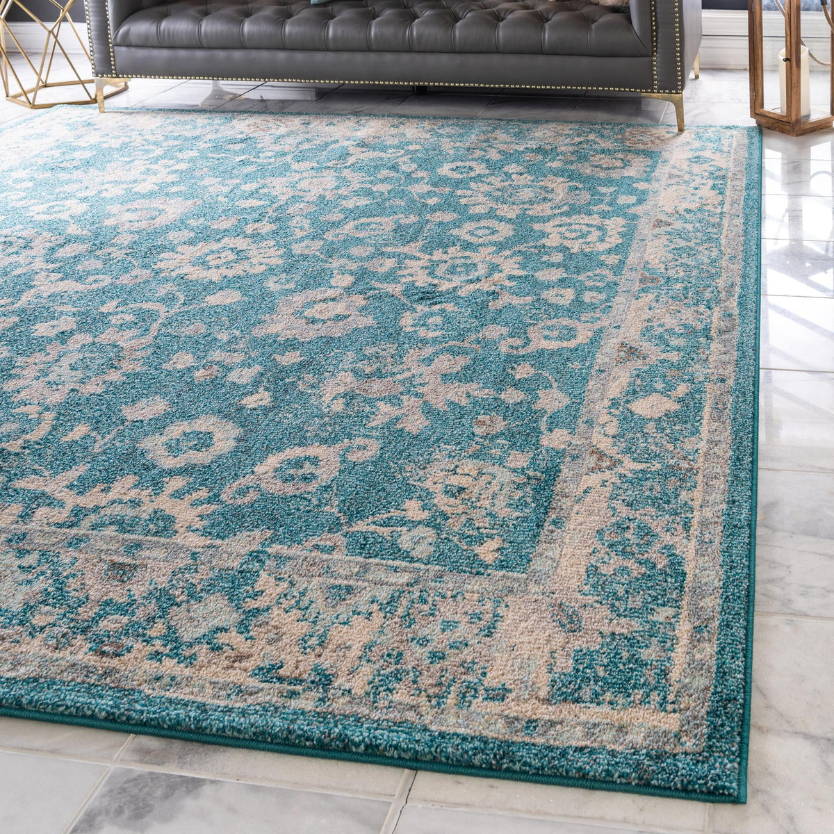 Penrose Krystle Turquoise & Beige Area Rug | Square in room