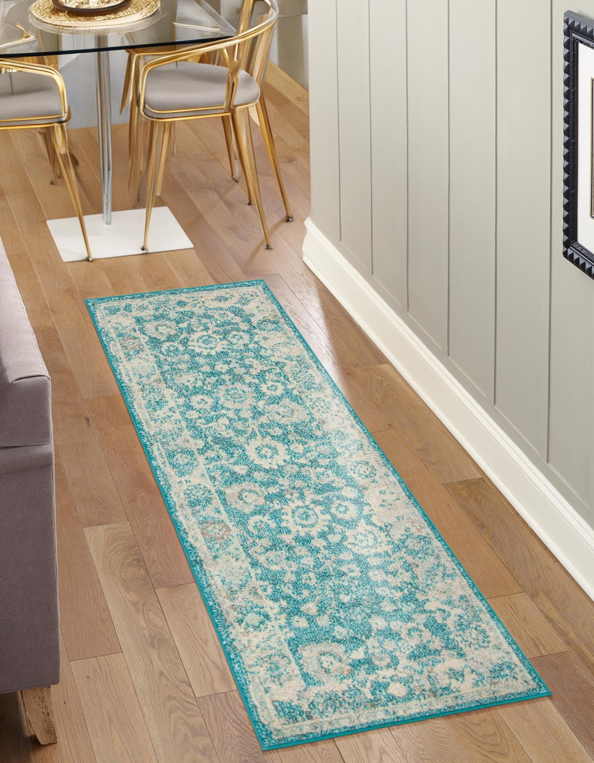 Penrose Krystle Turquoise & Beige Area Rug | Runner in room