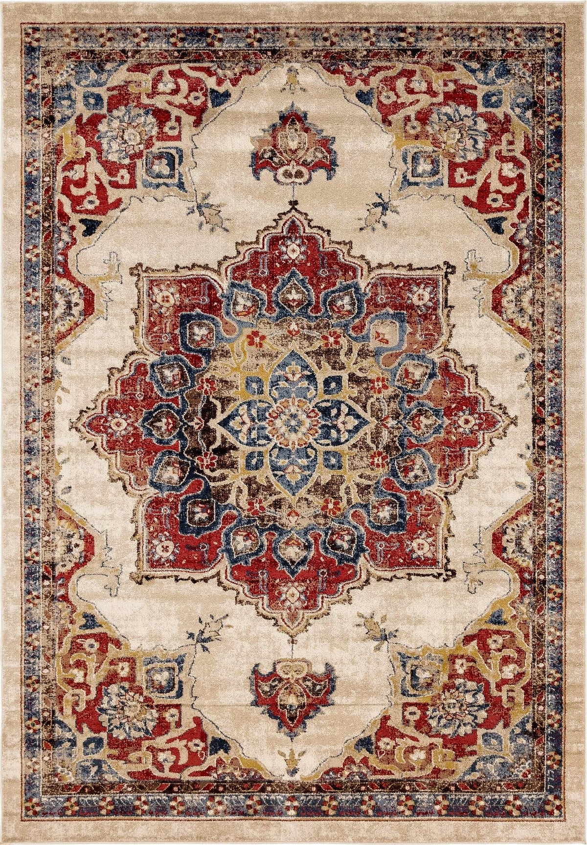 Utopia Helios Cream & Blue Area Rug | Rectangle overhead | SKU 3145757