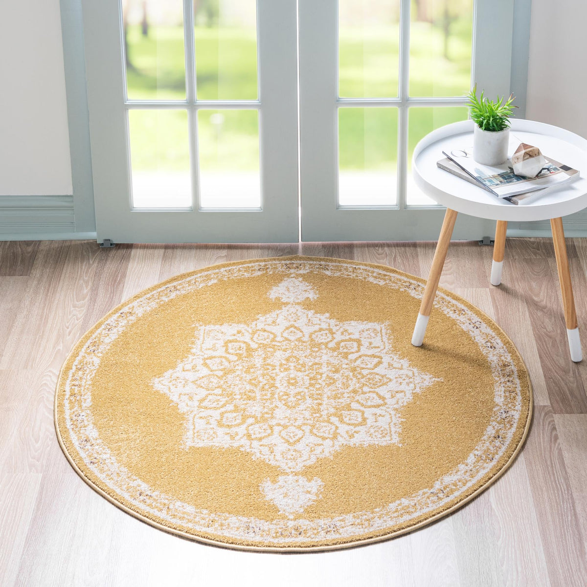Utopia Helios Yellow & Beige Area Rug | Round in room
