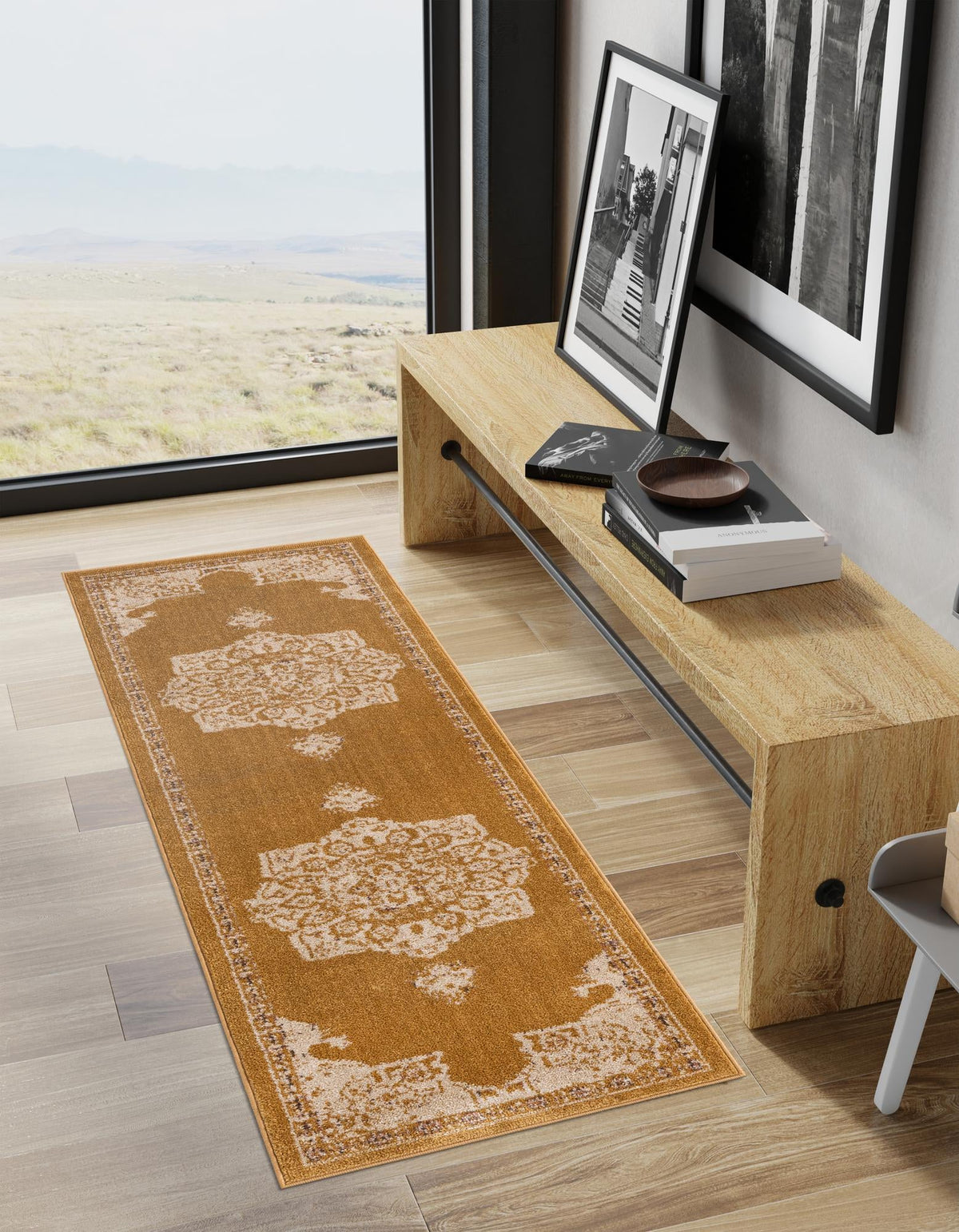 Utopia Helios Yellow & Beige Area Rug | Runner in room