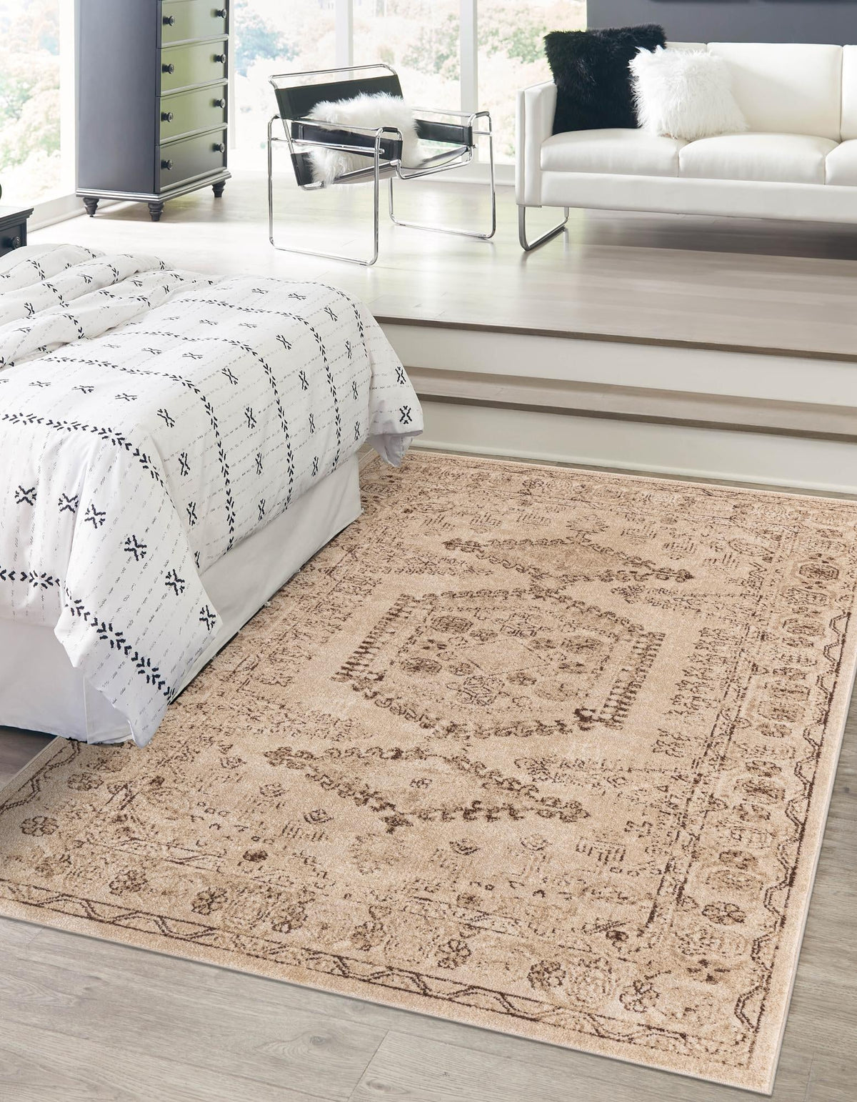 Utopia Larissa Beige & Cream Area Rug: Same design/color lifestyle; shape may differ