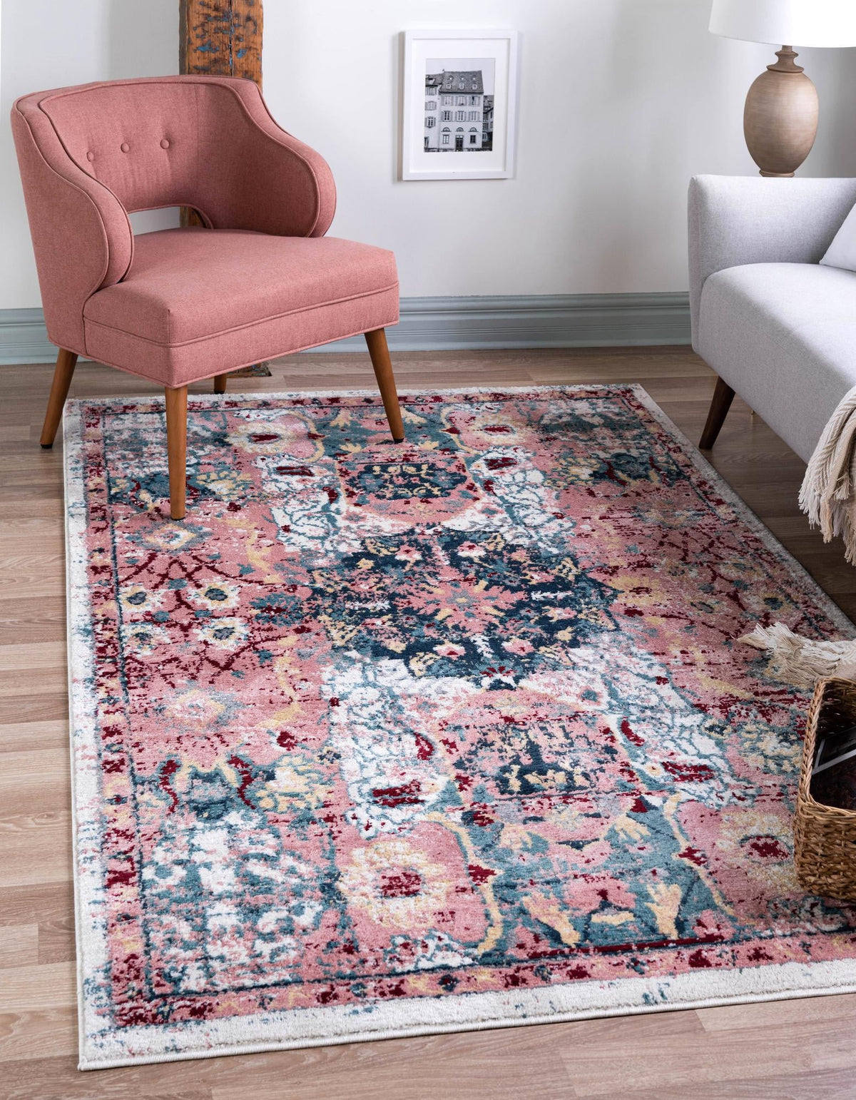 Sumter Aiken Pink & Navy Blue Area Rug, room setting
