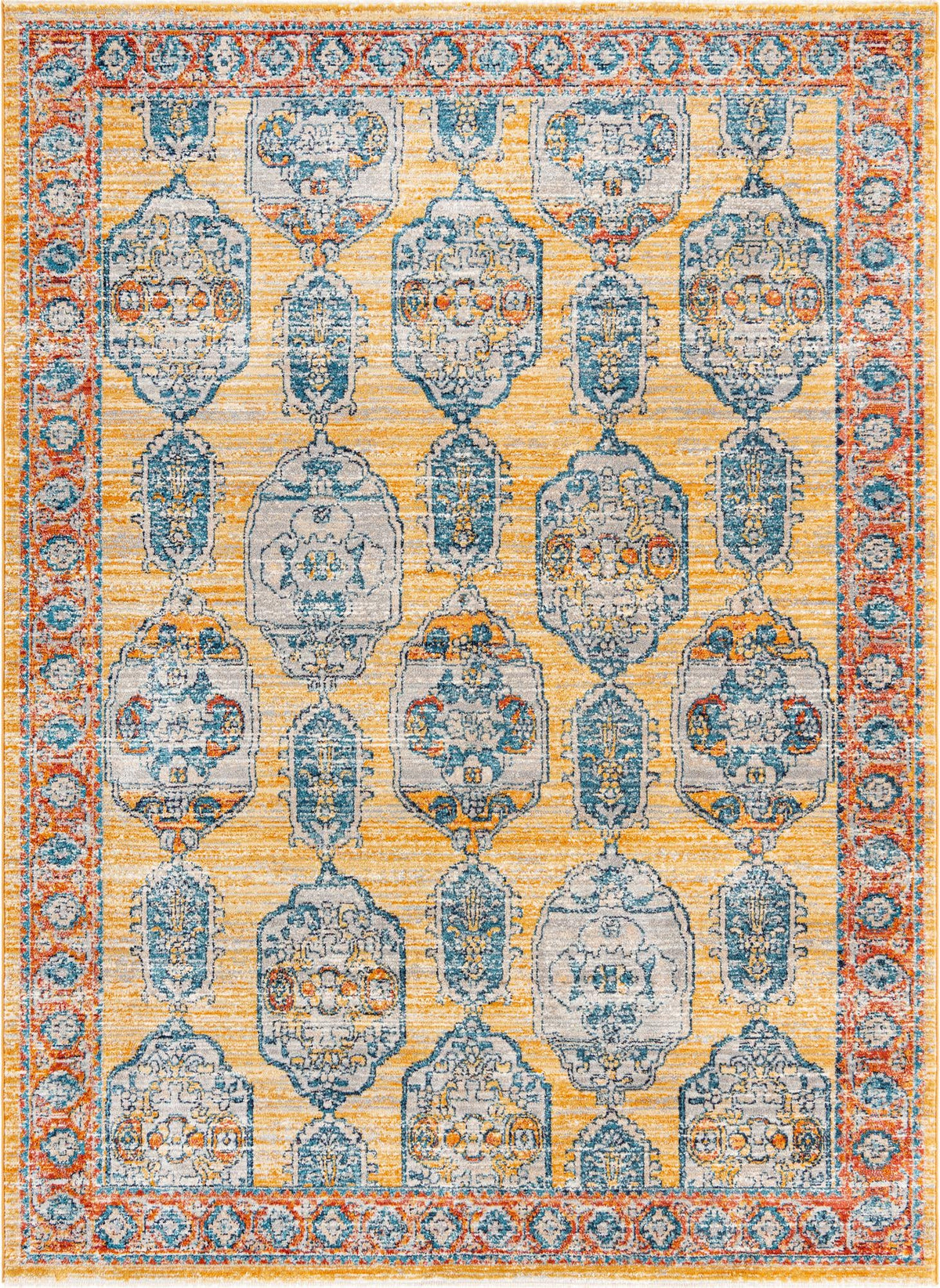 Lola Bold Yellow & Blue Area Rug, overhead view