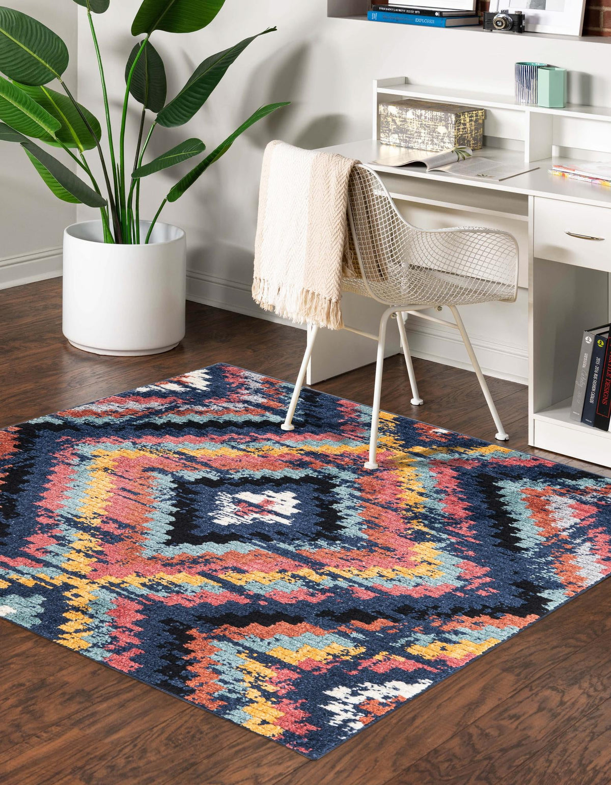 Tagine Seema Blue & Black Area Rug: Same design/color lifestyle; shape may differ