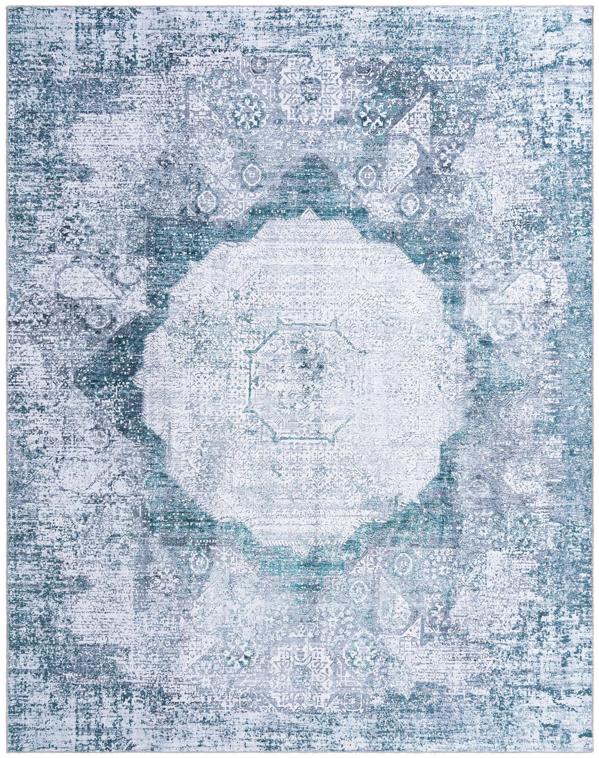 Yara Nayer Teal Ivory & Gray Area Rug, overhead view