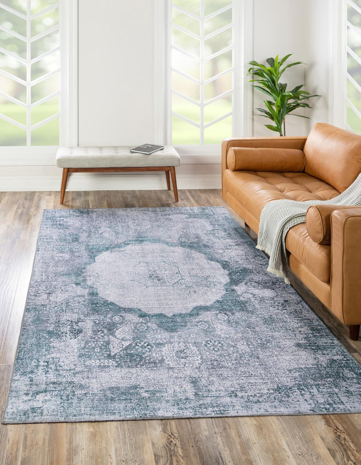 Yara Nayer Teal Ivory & Gray Area Rug, room setting