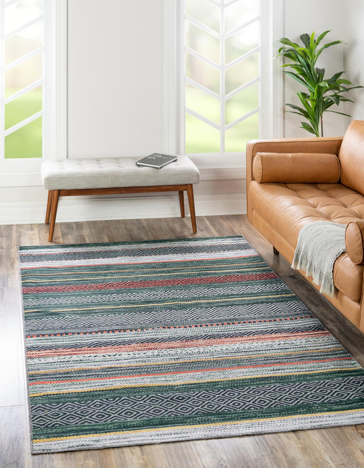 Yara Axel Green & Ivory Area Rug | Rectangle in room